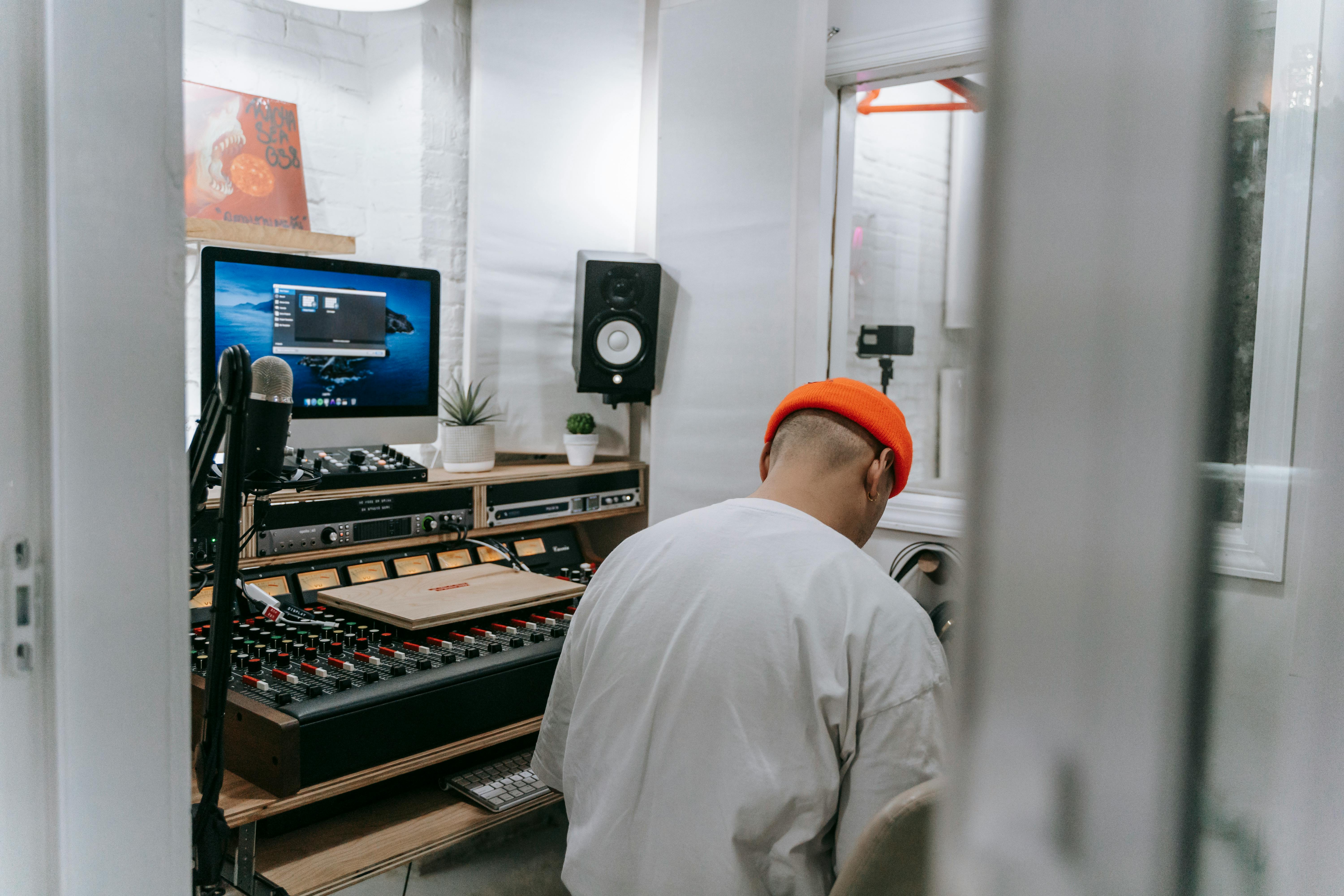 Music distribution setup with studio equipment
